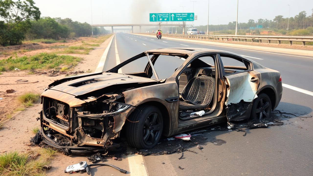 JAGUAR BURNS TO SHELL ON YAMUNA EXPRESSWAY NEAR GREATER NOIDA
